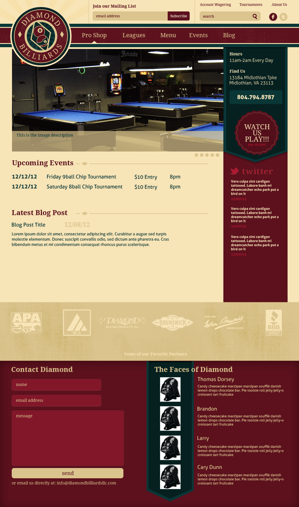 Screenshot of a website design I created for Diamond Billiards in VA.